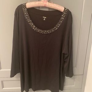 Style & Co 3/4 sleeve black shirt with glitter/stud neckline size 3X